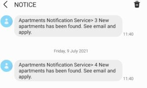 A sms notification from Amazon SNS showing two new apartments