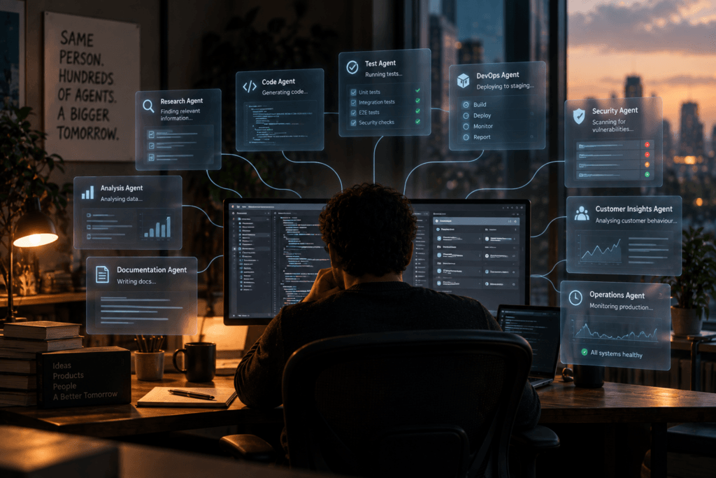 An engineer using 9 AI agents simultaneously (AI Generated Image)