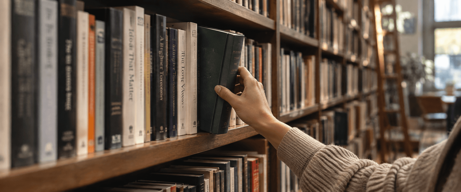 Picking a book in a bookshelf